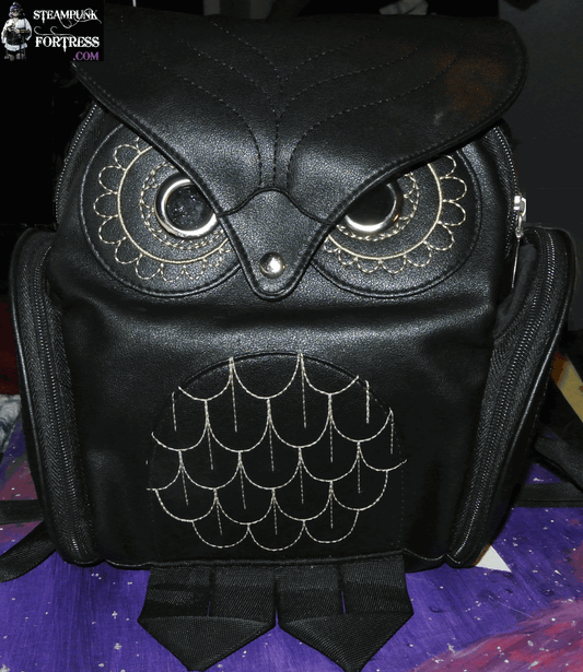 BLACK BAG PURSE BACKPACK OWL SHAPE STEAMPUNK ANIMAL FUN COSTUME GOLD TRIM STITCHING HANDBAG TOTE