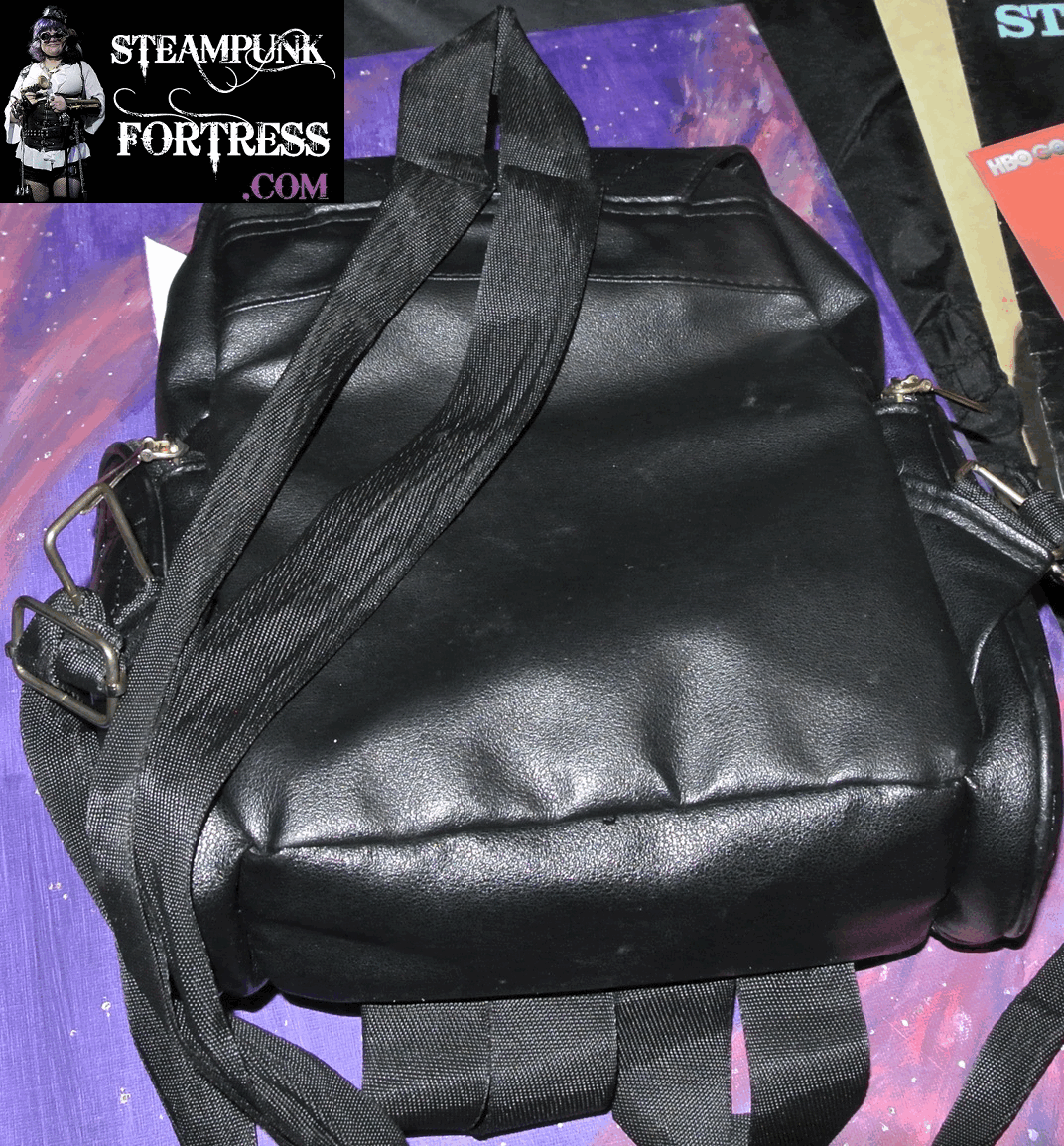 BLACK BAG PURSE BACKPACK OWL SHAPE STEAMPUNK ANIMAL FUN COSTUME GOLD TRIM STITCHING HANDBAG TOTE