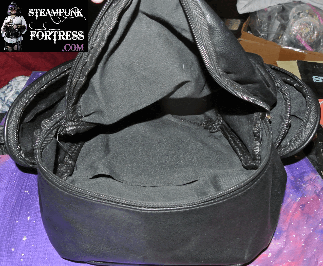 BLACK BAG PURSE BACKPACK OWL SHAPE STEAMPUNK ANIMAL FUN COSTUME GOLD TRIM STITCHING HANDBAG TOTE