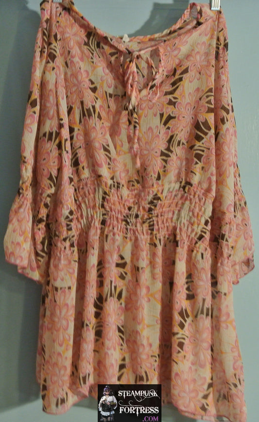 SHIRT PEASANT BOHO BOHEMIA PEACH BROWN FLORAL RUCHED SEMI SHEER LONG SLEEVE 3XL