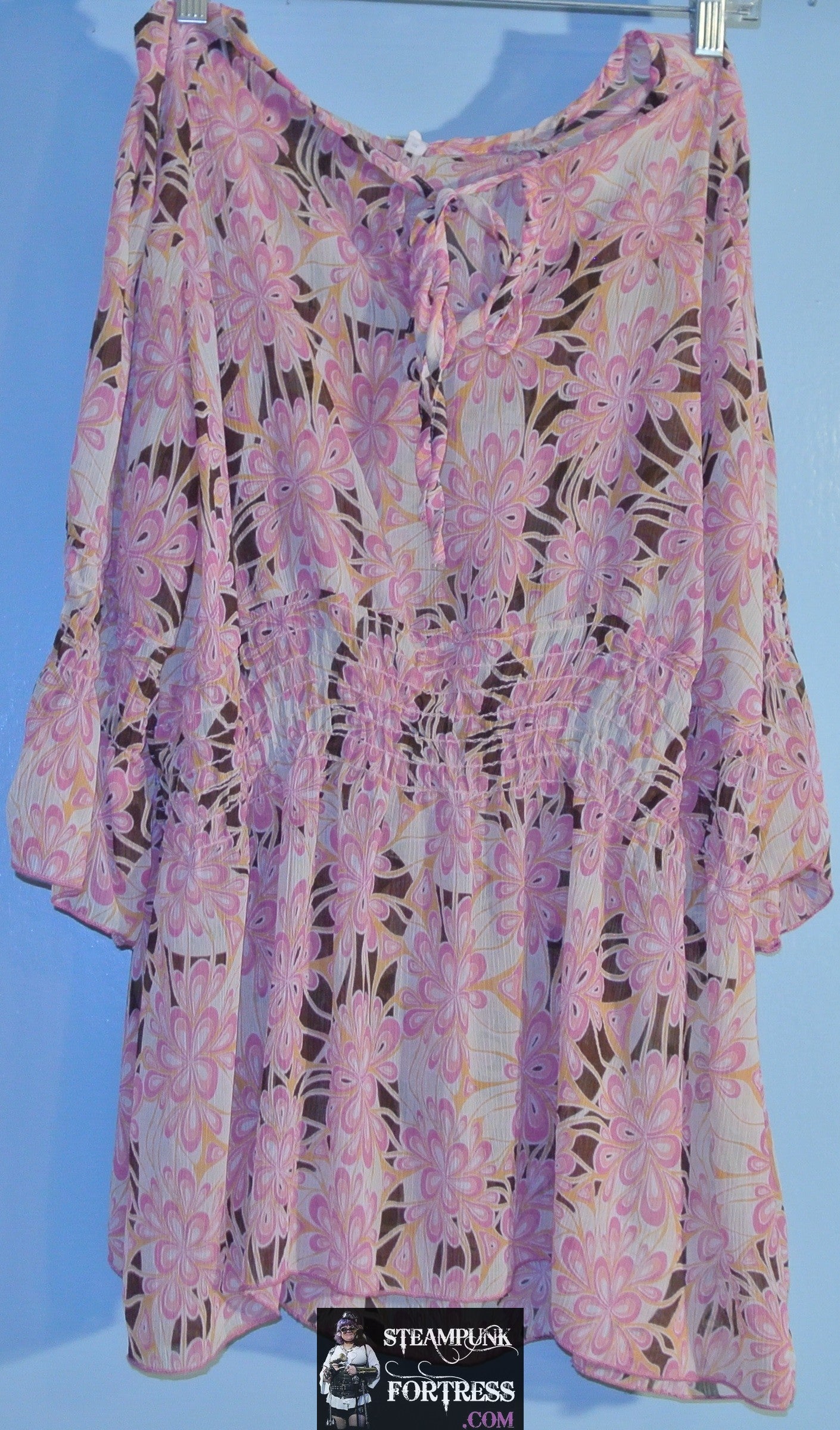 SHIRT PEASANT BOHO BOHEMIA PEACH BROWN FLORAL RUCHED SEMI SHEER LONG SLEEVE 3XL