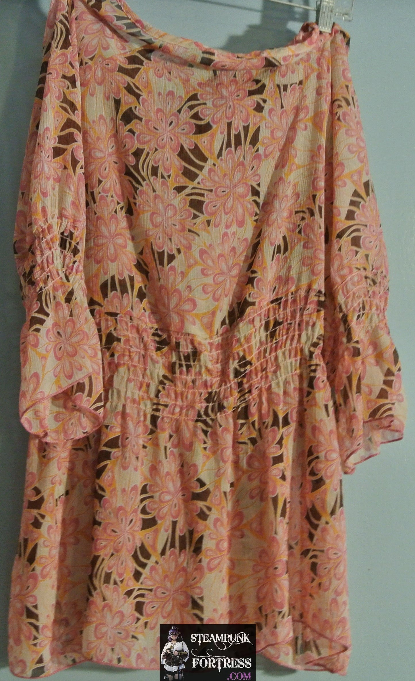 SHIRT PEASANT BOHO BOHEMIA PEACH BROWN FLORAL RUCHED SEMI SHEER LONG SLEEVE 3XL