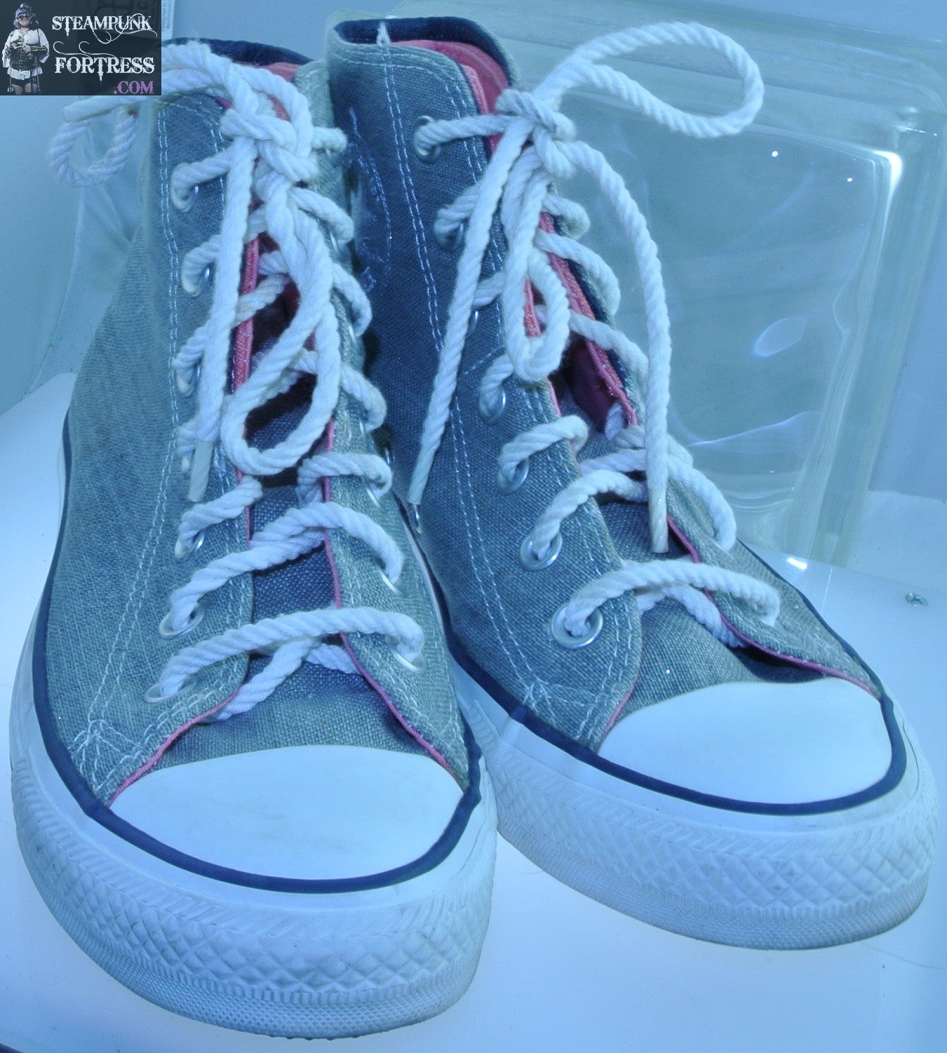 SHOES CONVERSE HIGH TOP HI TOPS GREY MEDIUM PINK DOUBLE INSERT BOAT TIES MENS 5 WOMENS SIZE 7 VINTAGE PRE-OWNED