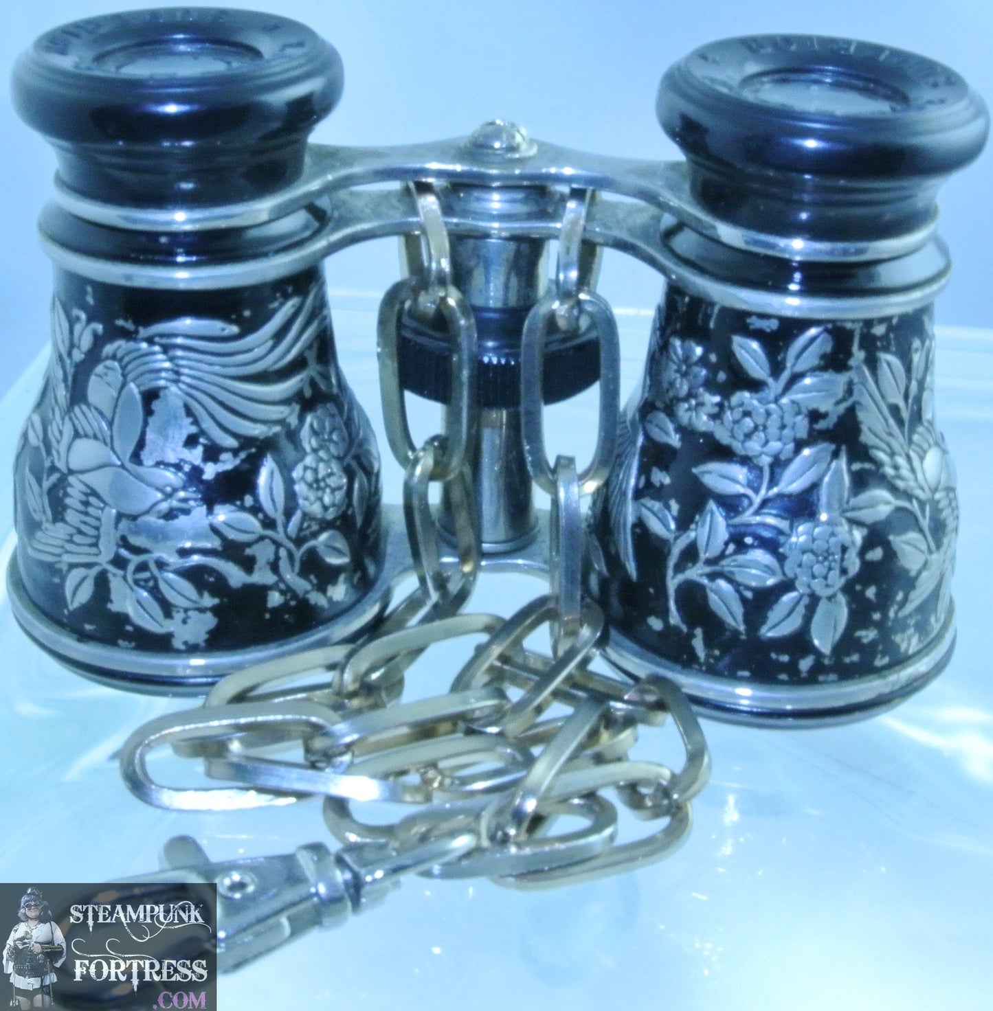VINTAGE BLACK SILVER ETCHED BIRDS FLOWERS BINOCULARS OPERA GLASSES SILVER OVAL CHAIN CLASP STARR WILDE STEAMPUNK FORTRESS