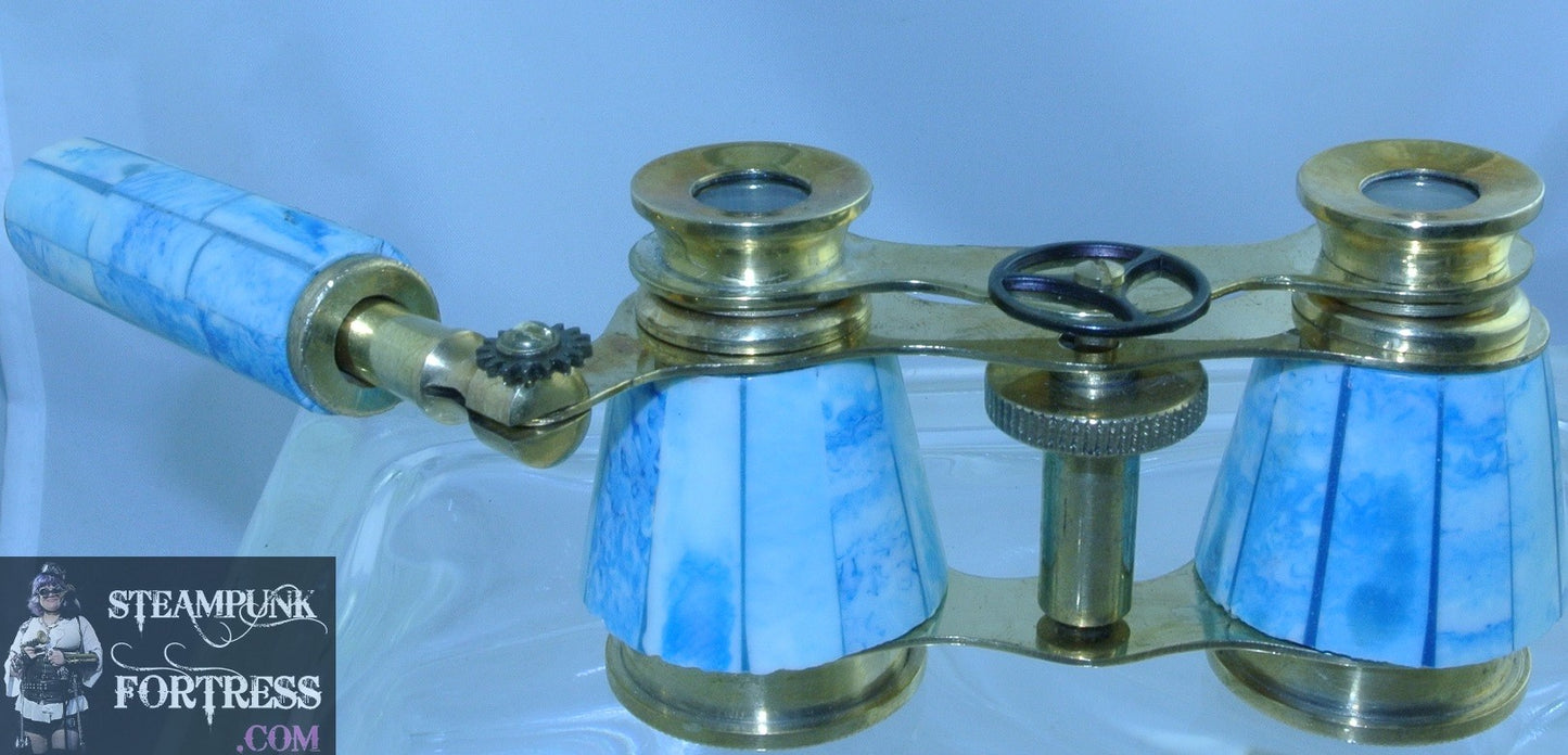 VINTAGE BLUE SWIRL BINOCULARS OPERA GLASSES EXTENDING HANDLE GOLD TRIM BRASS GEAR STARR WILDE STEAMPUNK FORTRESS