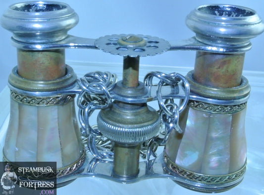 VINTAGE ABALONE MOTHER OF PEARL MOP VENDOME BINOCULARS OPERA GLASSES SILVER GEAR SILVER GEAR CHAIN CLASP STARR WILDE STEAMPUNK FORTRESS