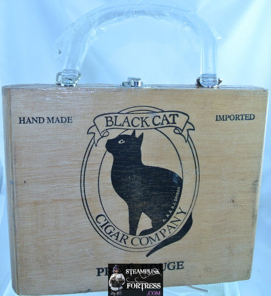 WOOD BLACK CAT PRIVE ROUGE CIGAR BOX PURSE SMALLER SILVER HARDWARE CLEAR HANDLE MIRROR INSIDE BLACK FELT INTERIOR