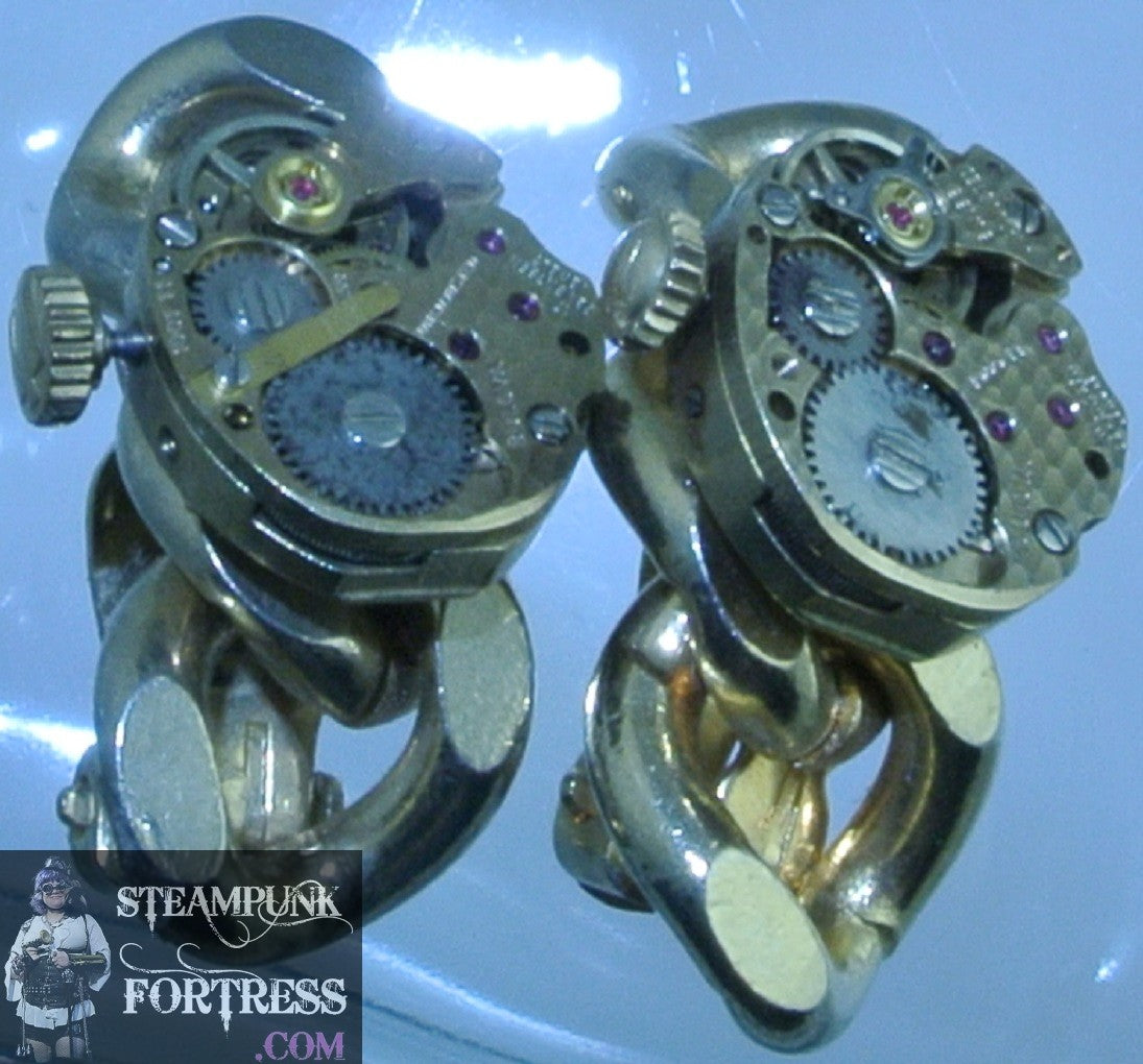 CLIPS GOLD BULOVA COMPLETE MOVEMENTS WATCH CLOCK CLIP ON EARRINGS STARR WILDE STEAMPUNK FORTRESS