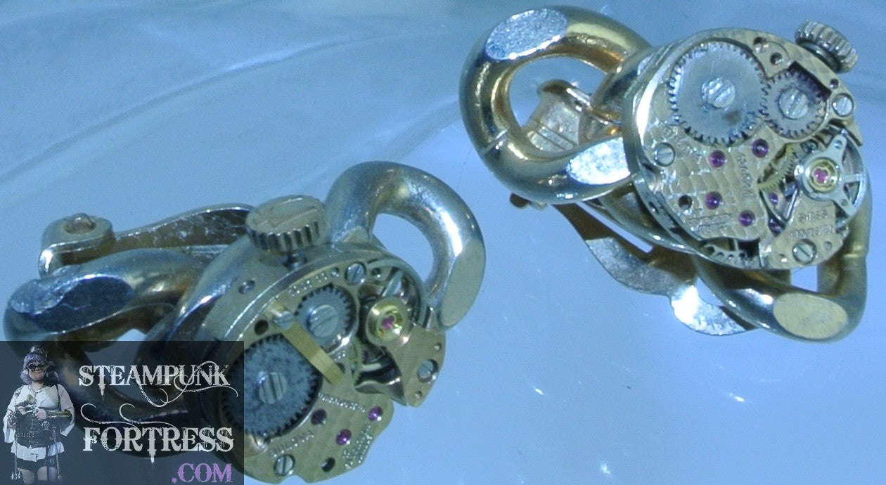 CLIPS GOLD BULOVA COMPLETE MOVEMENTS WATCH CLOCK CLIP ON EARRINGS STARR WILDE STEAMPUNK FORTRESS