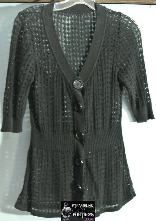 SWEATER BLACK VINTAGE CROCHETED SHORT SLEEVE LARGE SHORT SLEEVES BUTTON DOWN