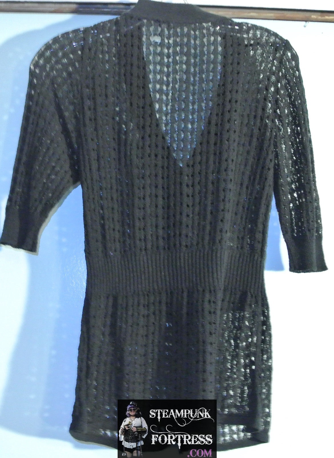 SWEATER BLACK VINTAGE CROCHETED SHORT SLEEVE LARGE SHORT SLEEVES BUTTON DOWN