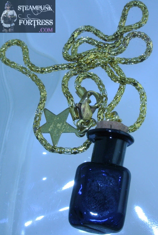 GOLD VIAL BLUE GLASS SQUARE BOTTOM CORK TOP NECKLACE STARR WILDE STEAMPUNK FORTRESS