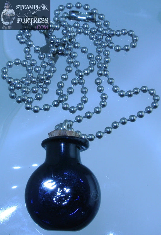 SILVER VIAL BLUE GLASS FLAT SIDES ROUND CORK TOP NECKLACE STARR WILDE STEAMPUNK FORTRESS