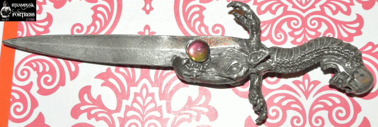 SWORD SMALL DAGGER STEAMPUNK GUNMETAL SILVER DRAGON SKULL SIGNED LETTER OPENER?