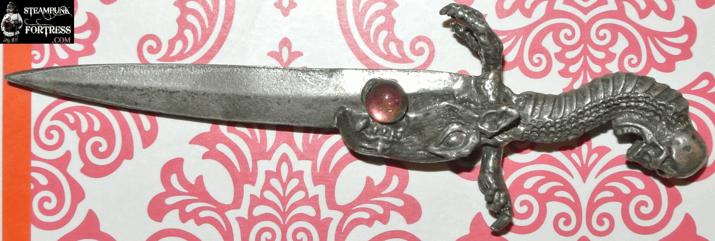 SWORD SMALL DAGGER STEAMPUNK GUNMETAL SILVER DRAGON SKULL SIGNED LETTER OPENER?