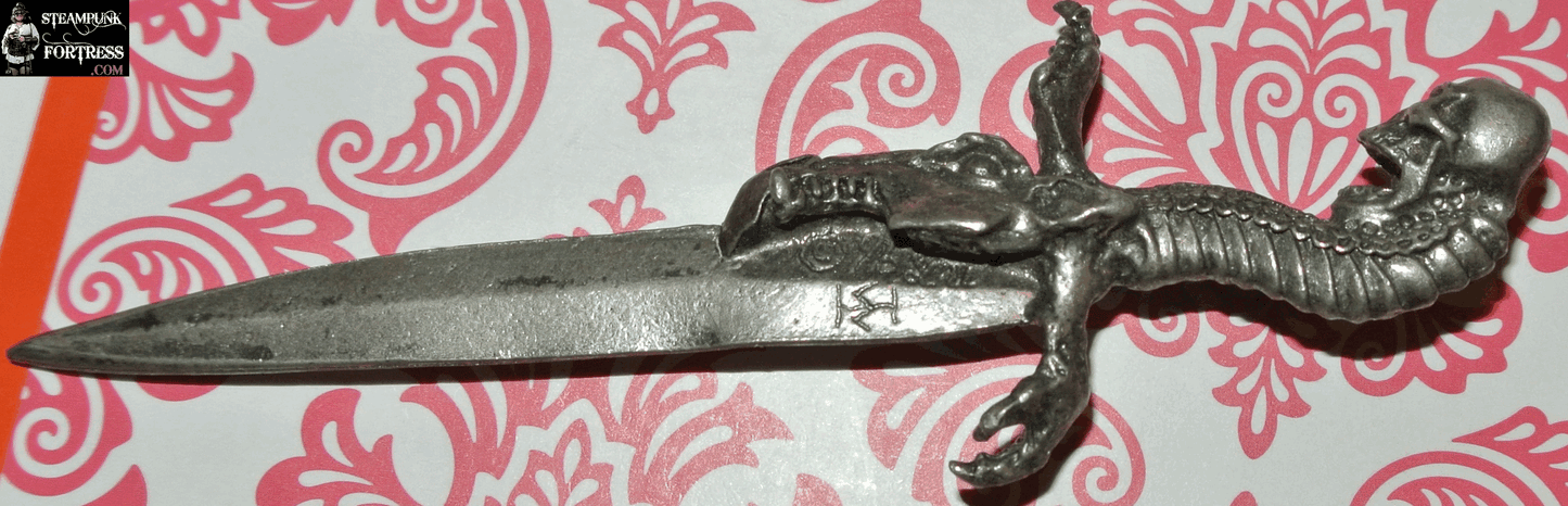 SWORD SMALL DAGGER STEAMPUNK GUNMETAL SILVER DRAGON SKULL SIGNED LETTER OPENER?