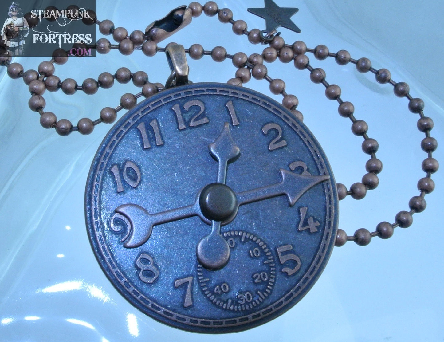 COPPER CLOCK WATCH FACE DIAL 2 MOVEABLE HANDS PIN BROOCH NECKLACE STARR WILDE STEAMPUNK FORTRESS