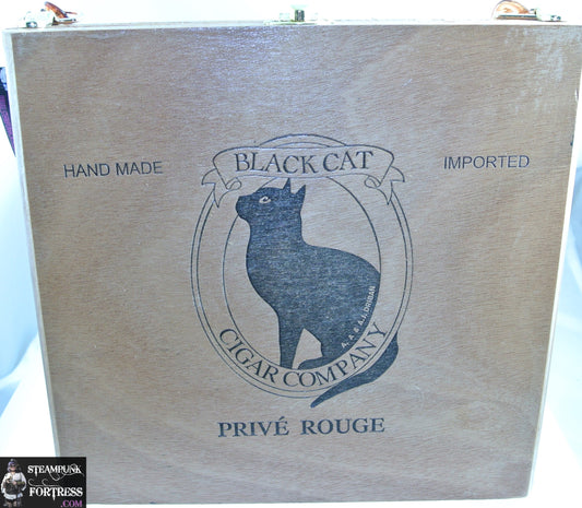 WOOD BLACK CAT GOLD HARDWARE AMBER HANDLE ORANGE INTERIOR CIGAR BOX PURSE