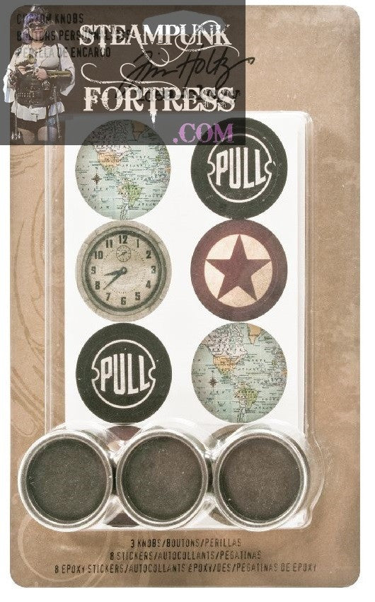 TIM HOLTZ IDEA-OLOGY 3 CUSTOM KNOBS 8 EPOXY & STICKERS STEAMPUNK CRAFTS DISCONTINUED NEW IN PACKAGE
