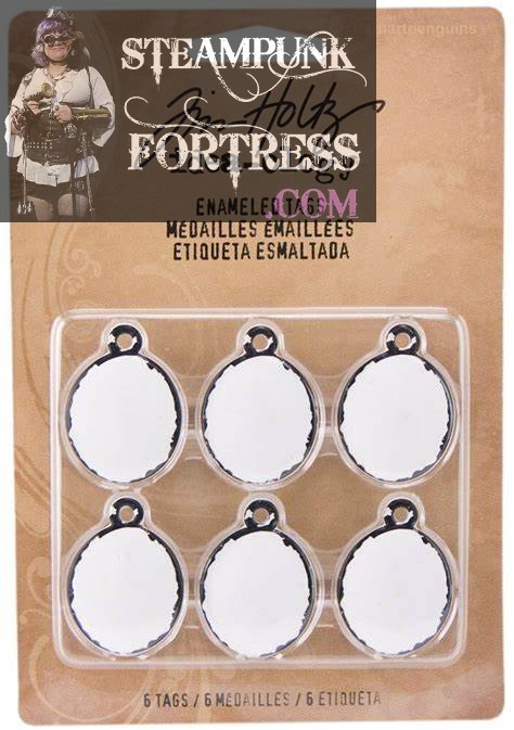 TIM HOLTZ IDEA-OLOGY 6 WHITE ENAMELED TAGS STEAMPUNK CRAFTS NEW DISCONTINUED