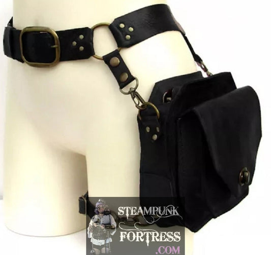 BLACK HIP BAG PURSE FAUX LEATHER THIGH HOLSTER BELT BRASS ACCENTS ADJUSTABLE STEAMPUNK FORTRESS - MASS PRODUCED