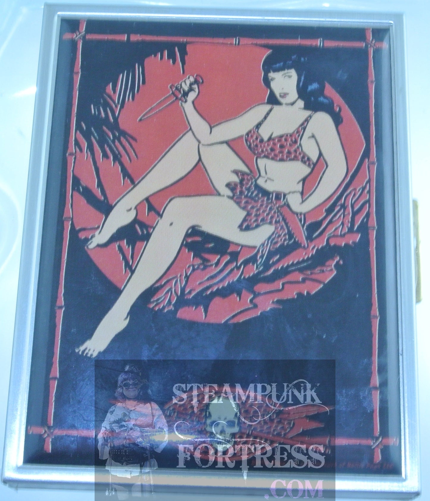 BETTIE PAGE BETTY RED LEOPARD BIKINI KNIFE BUSINESS CARD HOLDER CIGARETTE NEW STEAMPUNK FORTRESS- MASS PRODUCED