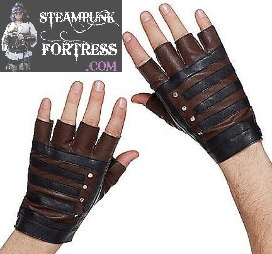 BLACK BROWN WRIST LENGTH FAUX LEATHER FINGERLESS GLOVES SILVER STUDS COSPLAY COSTUME HALLOWEEN- MASS PRODUCED DUPLICATE
