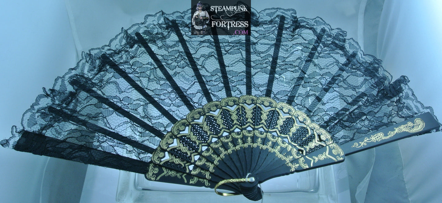 BLACK GOLD LACE 9" FAN PROP HANDHELD HAND HELD VICTORIAN STEAMPUNK MARDI GRAS VENETIAN COSTUME COSPLAY NEW- MASS PRODUCED