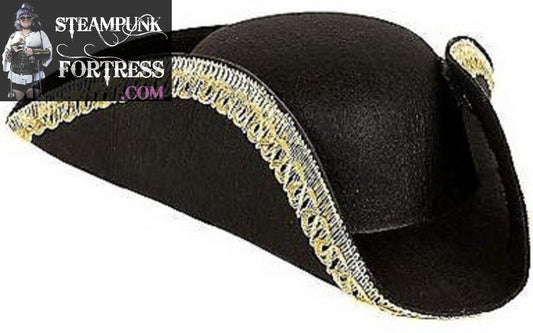 BLACK GOLD TRIM PIRATE TRICORNE HAT FELT CAP COSPLAY COSTUME HALLOWEEN- MASS PRODUCED