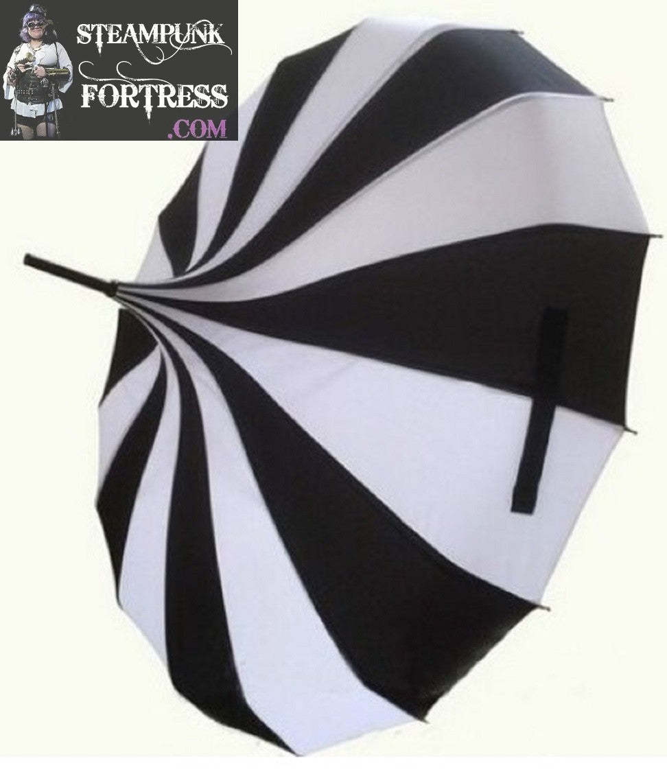 BLACK AND WHITE STRIPED STRIPES BEETLEJUICE STEAMPUNK UMBRELLA PARASOL PAGODA VICTORIAN EDWARDIAN GOTHIC WEDDING COSPLAY COSTUME- MASS PRODUCED DUPLICATE