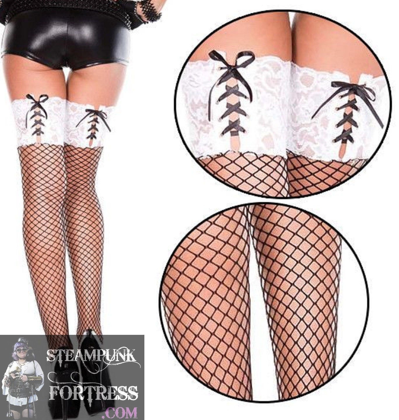BLACK FISHNET THIGH HIGHS LIGHT PINK CORSET LACE UP TOP 80S COSPLAY COSTUME HALLOWEEN- MASS PRODUCED