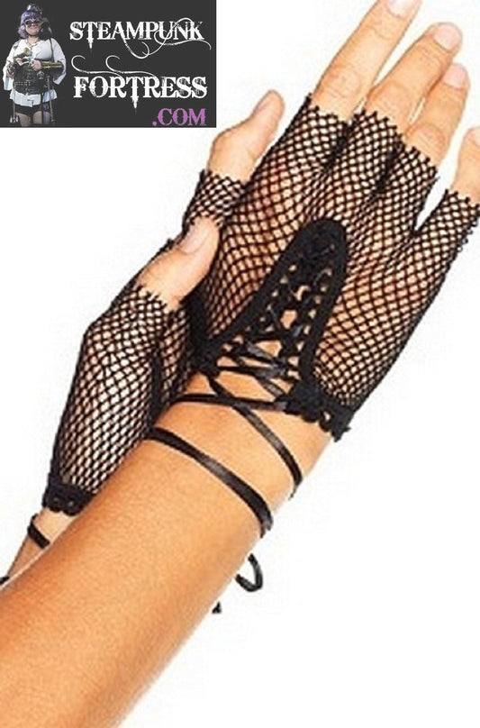 BLACK FINGERLESS FISHNET GLOVES LACE UP TIE WRIST LENGTH 80S COSPLAY COSTUME HALLOWEEN- MASS PRODUCED