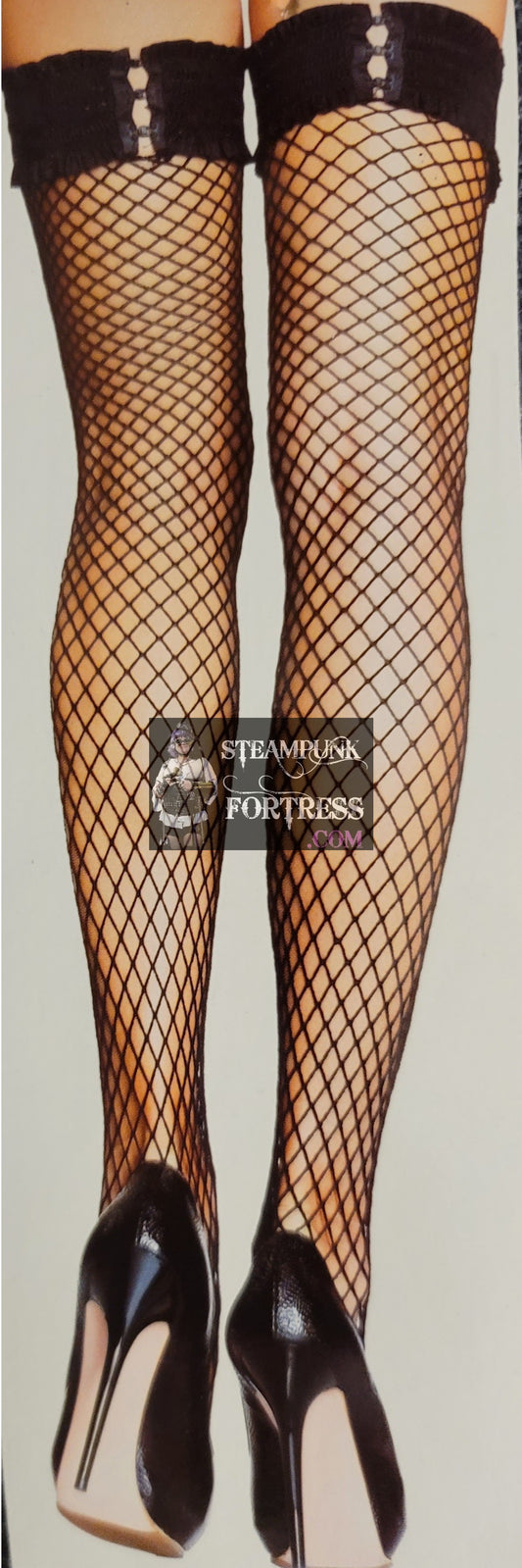 BLACK FISHNET THIGH HIGHS HOOK AND EYE CLOSURE 80S COSPLAY COSTUME HALLOWEEN- MASS PRODUCED