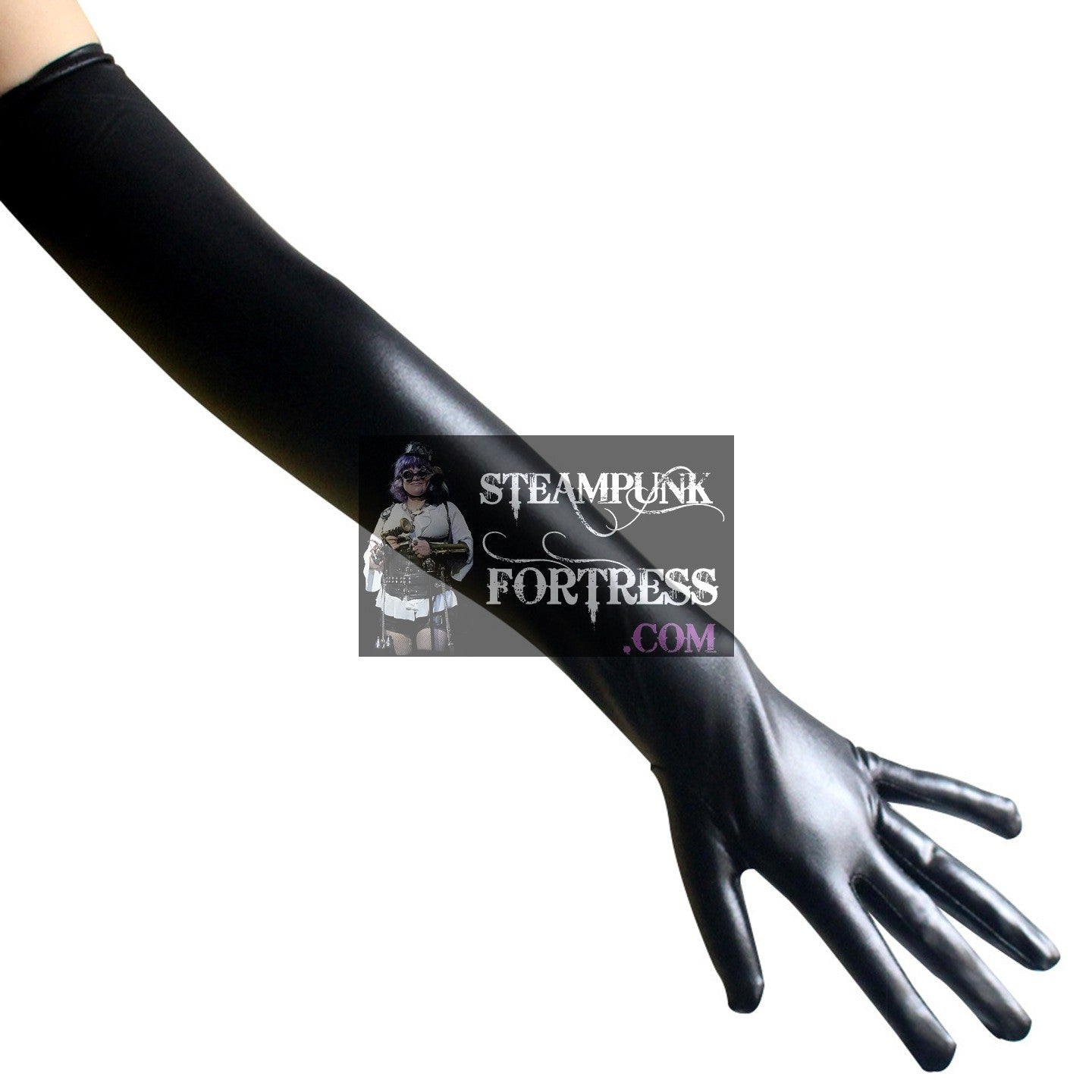 BLACK WET LOOK OPERA LENGTH OVER ELBOW SHINY GLOVES 80S COSPLAY COSTUME HALLOWEEN- MASS PRODUCED