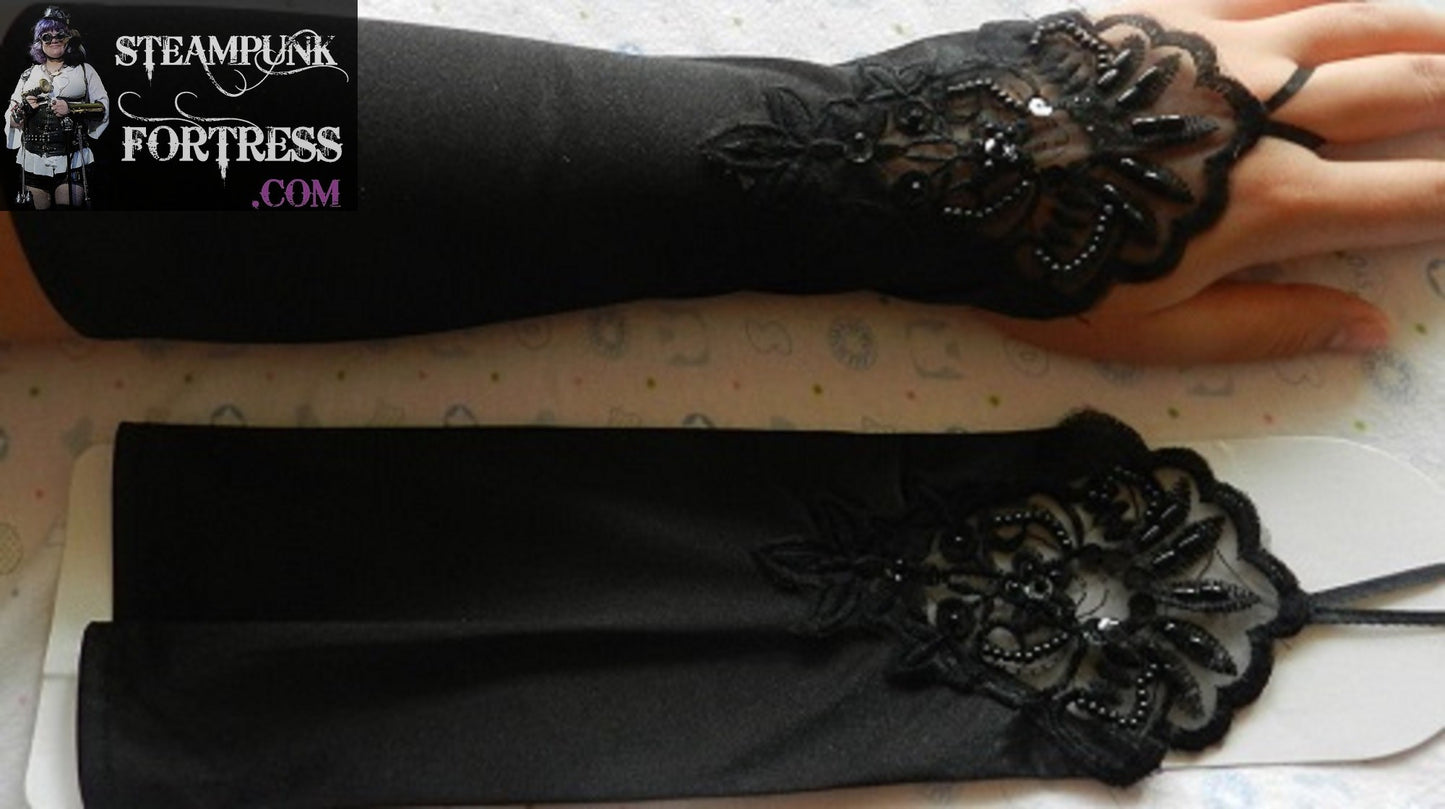 BLACK FINGERLESS MIDDLE FINGER LOOP RUCHED LACE BEADED BEADS SATIN GLOVES OVER ELBOW OPERA LENGTH 80S COSPLAY COSTUME HALLOWEEN- MASS PRODUCED