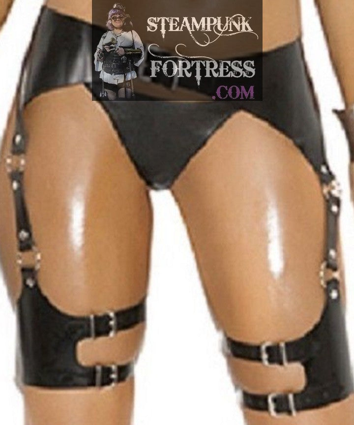 BLACK THIGH HOLSTER DOUBLE BUCKLES LEATHER BELT SILVER ACCENTS SMALL TO LARGE 33" TO 43" LONG STEAMPUNK FORTRESS - MASS PRODUCED