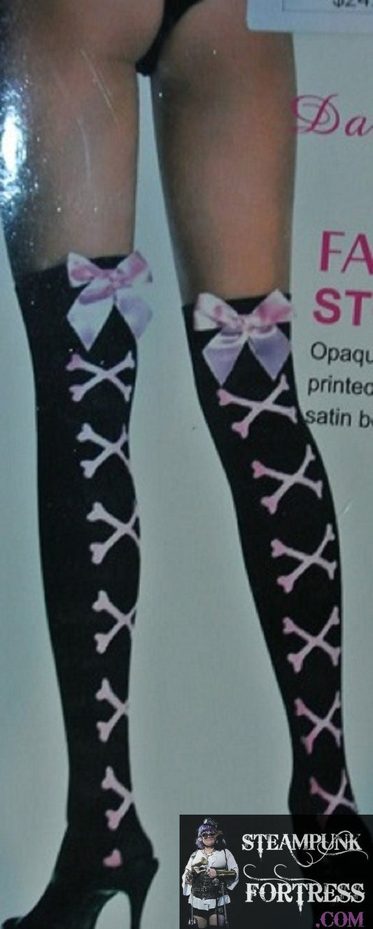 BLACK LIGHT PINK BOWS AND CROSSBONES PIRATE OVER THE KNEE THIGH HIGHS HIS TIGHTS NYLONS HOSIERY STOCKINGS ONE SIZE FITS MOST HALLOWEEN COSPLAY COSTUME - NEW - MASS PRODUCED