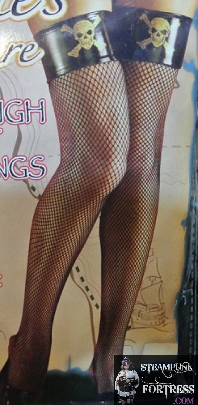 BLACK FISHNET THIGH HIGHS GOLD SKULL CROSSBONES PIRATE 80S COSPLAY COSTUME HALLOWEEN- MASS PRODUCED