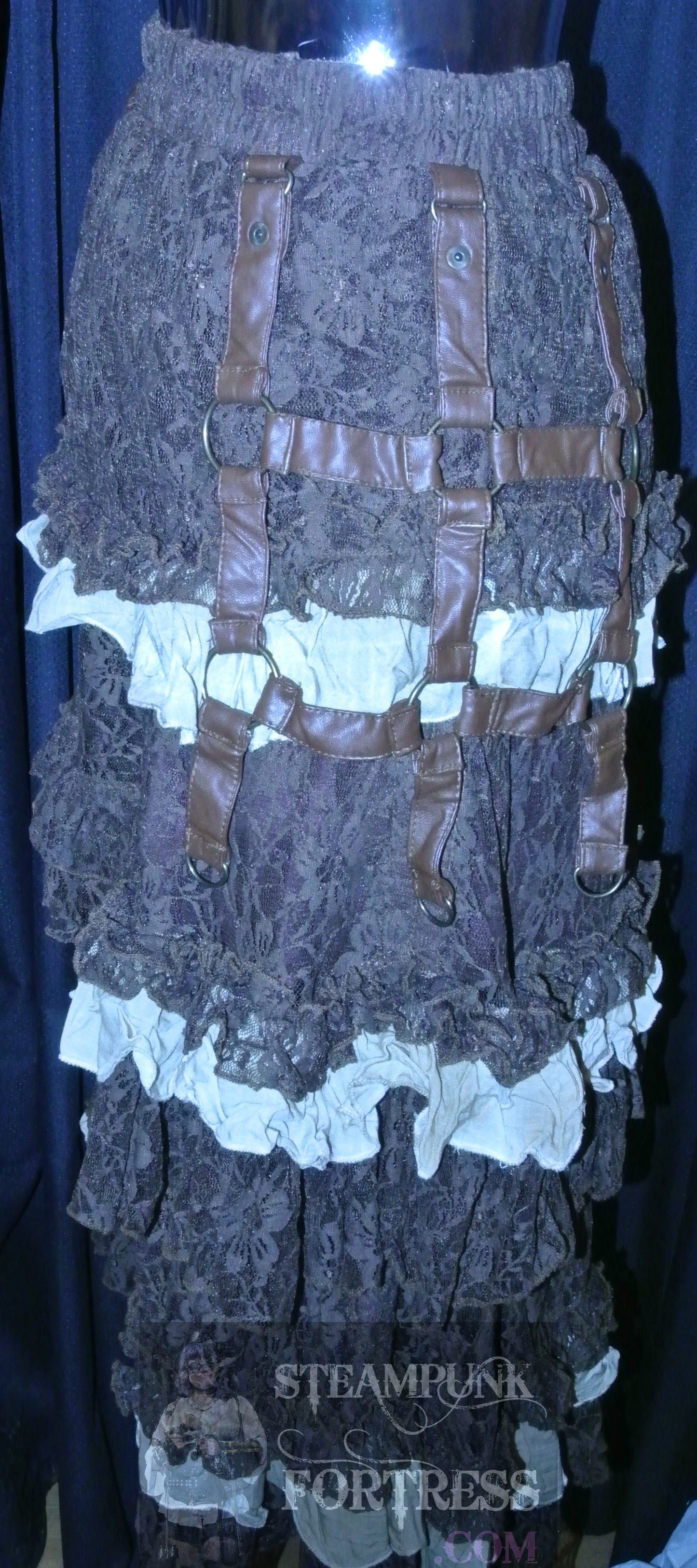 BROWN HIGH LOW HI LO STEAMPUNK SKIRT LAYERED LACE SIDE BAG PURSE AREA TO CLIP ACCESSORIES RUCHED RUFFLES SMALL MEDIUM LARGE **DISCONTINUED** MASS PRODUCED