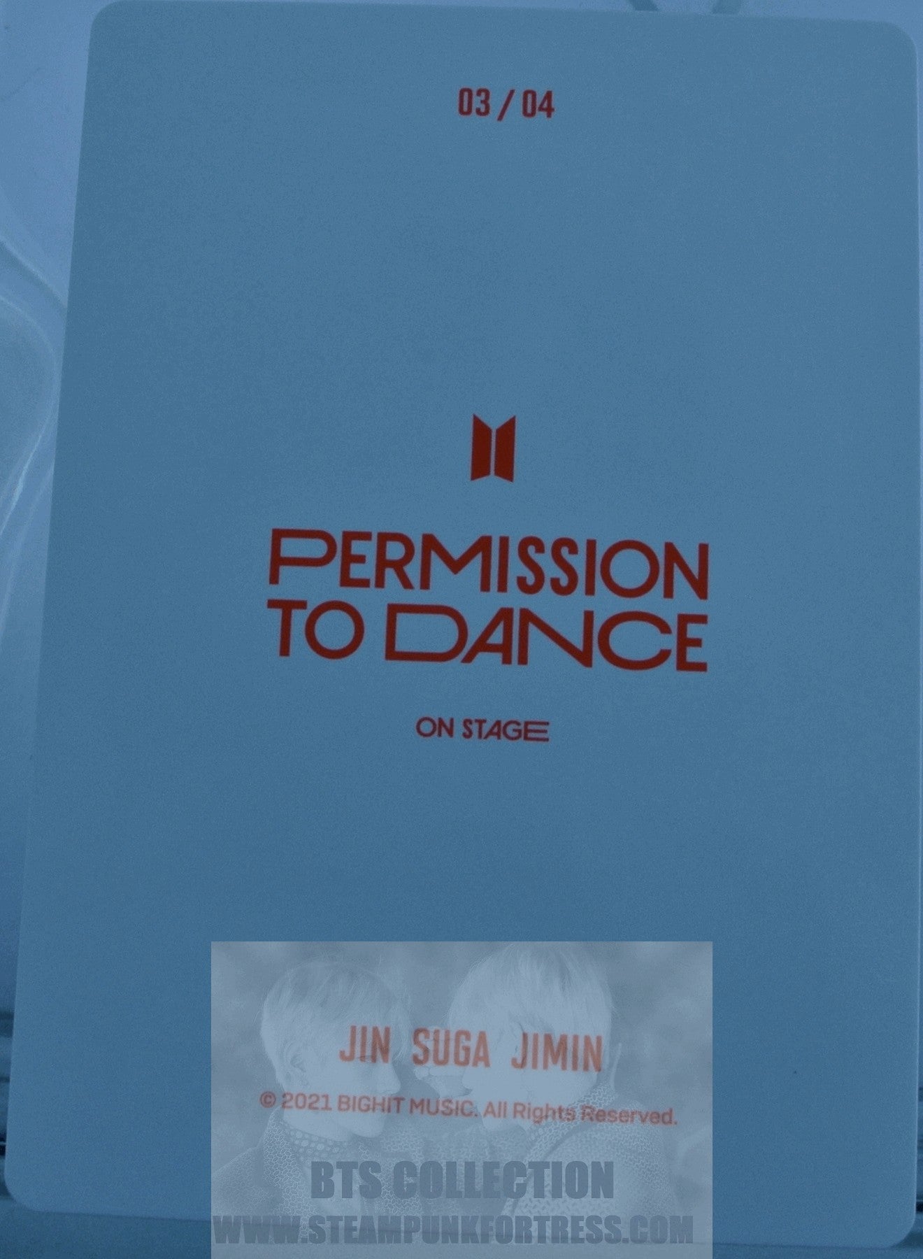 BTS PERMISSION TO DANCE ON STAGE PTD JIN KIM SEOKJIN JIMIN PARK SUGA MIN YOONGI 2021 PHOTOCARD PHOTO CARD #3 OF 4 NEW OFFICIAL GROUP UNIT MERCHANDISE