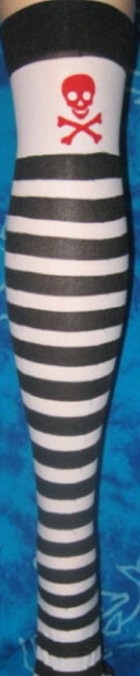 BLACK WHITE STRIPED STRIPES RED SKULL CROSSBONES PIRATE OVER THE KNEE THIGH HIGHS HIS TIGHTS NYLONS HOSIERY STOCKINGS ONE SIZE FITS MOST HALLOWEEN COSPLAY COSTUME - NEW - MASS PRODUCED