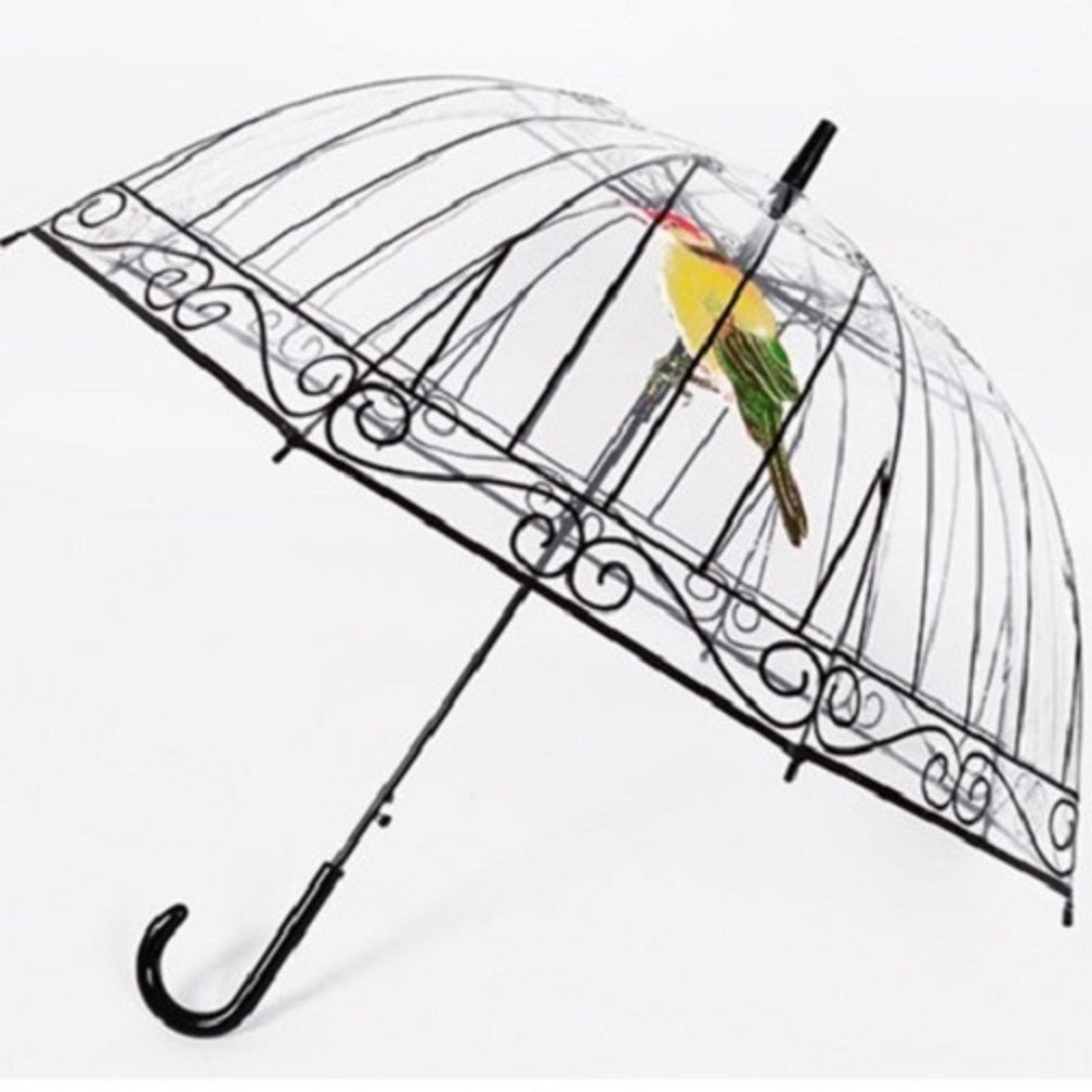 CLEAR PARASOL UMBRELLA RAINY WEATHER GEAR PARROT PAINTED ON ONE SIDE BIRDCAGE BIRD CAGE- MASS PRODUCED