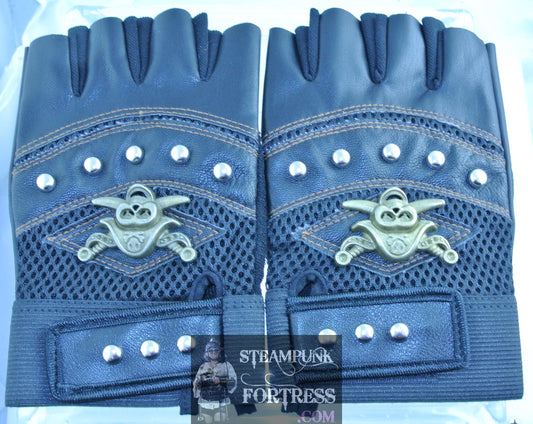 BLACK FAUX LEATHER VEGAN BRASS PIRATE CROSSED SWORDS SILVER STUDS FINGERLESS GLOVES 80S COSPLAY COSTUME HALLOWEEN- MASS PRODUCED