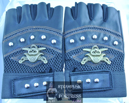 BLACK FAUX LEATHER VEGAN BRASS PIRATE CROSSED SWORDS SILVER STUDS FINGERLESS GLOVES 80S COSPLAY COSTUME HALLOWEEN- MASS PRODUCED DUPLICATE