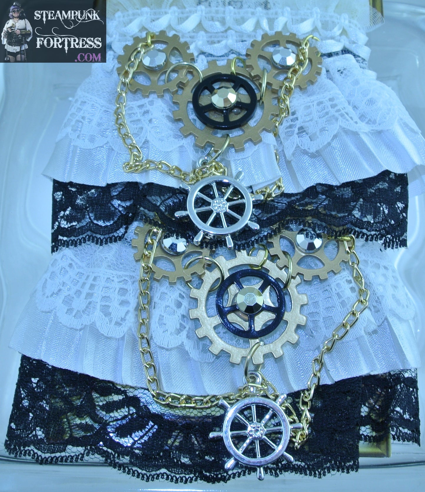 WHITE BLACK LACE WRIST LENGTH FINGERLESS GLOVES WRIST COVER GOLD GEARS SWAROVSKI CRYSTALS 80S COSPLAY COSTUME HALLOWEEN- MASS PRODUCED