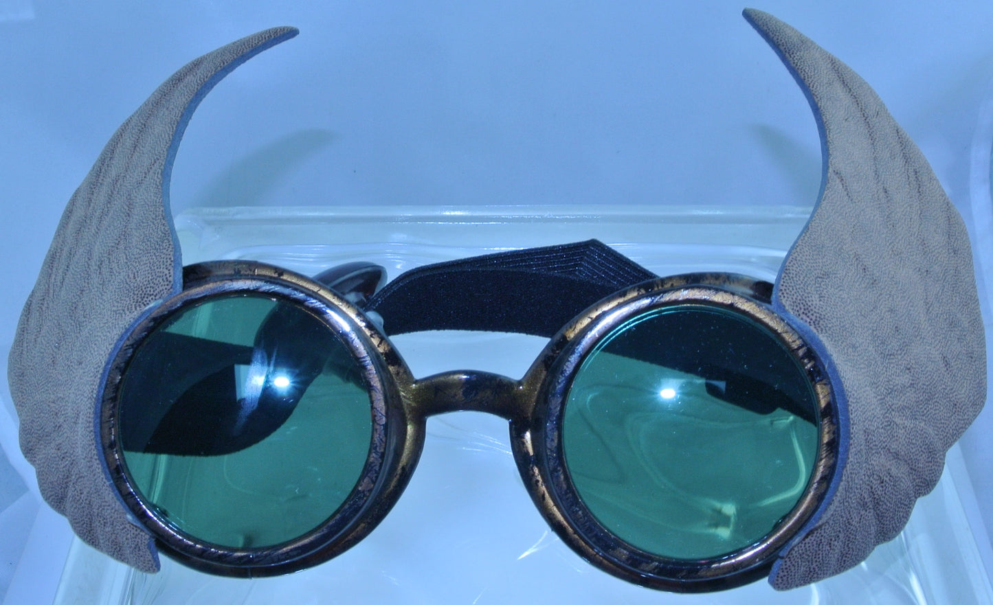 BRASS COPPER WINGED WINGS BROWN WELDING GREEN LENS SAFETY GLASSES STEAMPUNK GOGGLES COSPLAY COSTUME- MASS PRODUCED