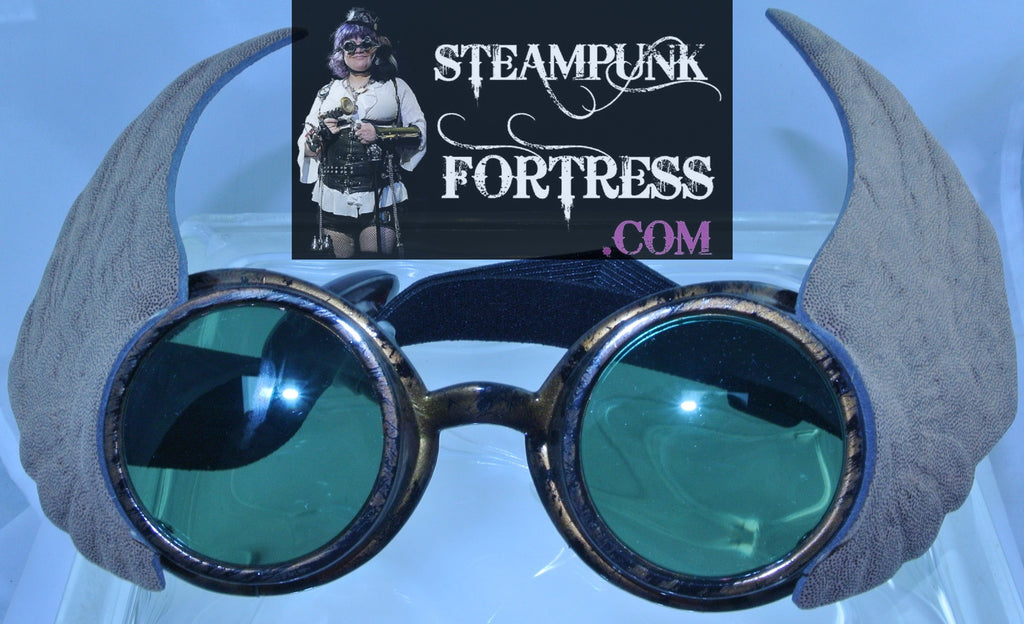 COPPER BRASS GOGGLES GLASSES WINGS WINGED GREEN LENS BROWN STEAMPUNK GOGGLES COSPLAY COSTUME- MASS PRODUCED