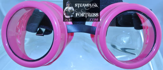 HOT PINK FUSCHIA GOGGLES CLEAR LENS ADJUSTABLE BLACK ELASTIC STRAP COSPLAY COSTUME- MASS PRODUCED