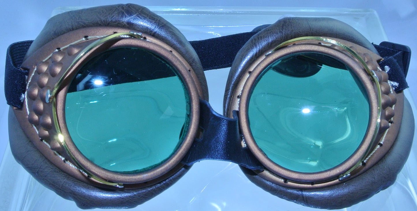 BRASS COPPER BROWN PADDED WELDING GREEN LENS SAFETY GLASSES STEAMPUNK GOGGLES COSPLAY COSTUME- MASS PRODUCED