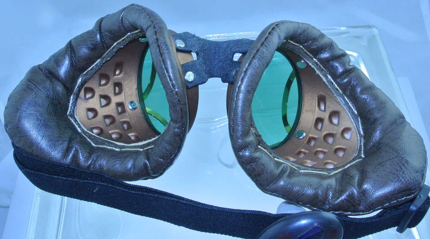 BRASS COPPER BROWN PADDED WELDING GREEN LENS SAFETY GLASSES STEAMPUNK GOGGLES COSPLAY COSTUME- MASS PRODUCED